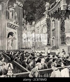 Hl. Messe zur Seligsprechung von Fray Diego`s Cadiz in der Petersbasilika im Vatikan, Rom. Italien, Europa. Alte XIX Jahrhundert gravierte Illustration von La Ilustracion Española y Americana 1894 Stockfoto